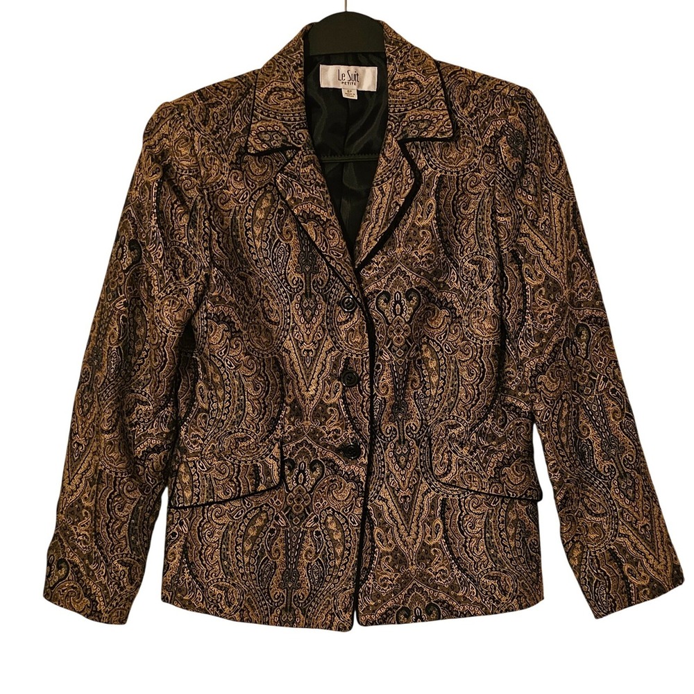 Le Suit Petite Paisley Jacquard Blazer Jacket Womens‎ 8P Gold Black Formal